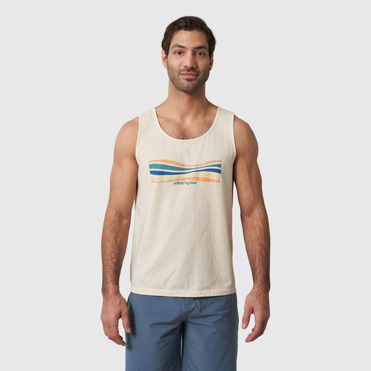 Wave Layers Off White Graphic Tank (Front): Off-white sleeveless tank with colorful wavy stripe graphic on chest