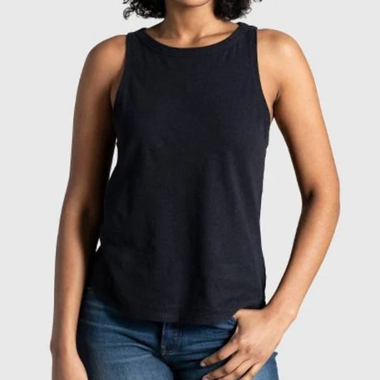 Black Women's SoftHemp™ High Neck Tank (Front): Black sleeveless high-neck tank top worn with dark blue jeans