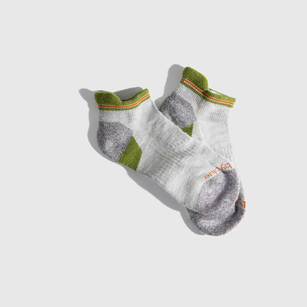 Grey Stripe Merino Wool - Low Cut Sock (Angle): Pair of low-cut ankle socks, light grey with olive green and orange accents