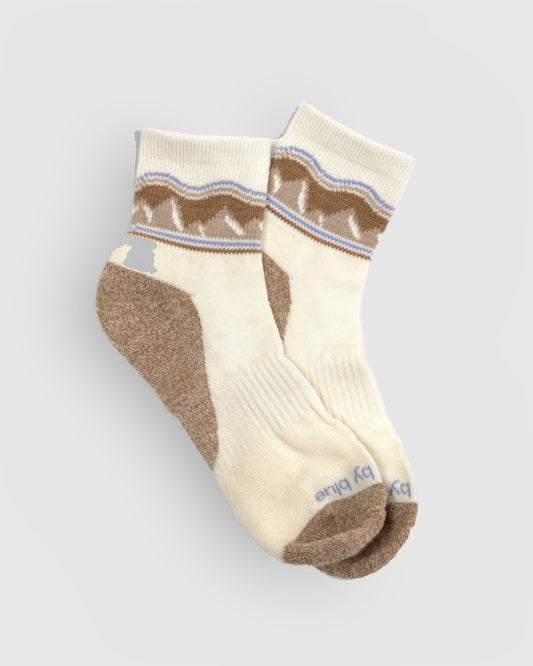 Off White Merino Wool - Quarter Sock - New Color (Flat-lay): Cream quarter socks with brown bison knit band and tan heel