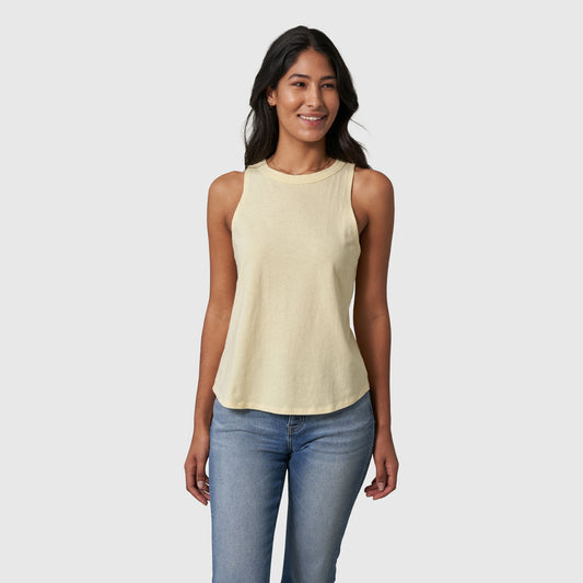 Yellow Women's SoftHemp™ High Neck Tank (Front): Pale yellow sleeveless tank with high crew neckline, worn with jeans