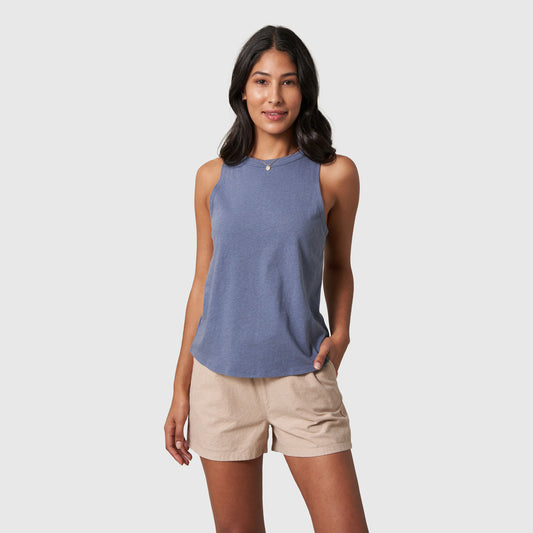 Stone Blue Women's SoftHemp™ High Neck Tank (Front): Slate blue sleeveless high-neck tank on a woman with beige shorts