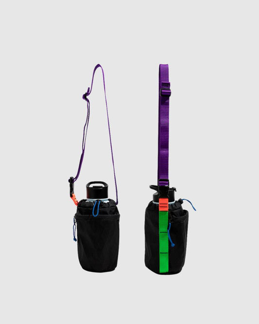 Black Neon Water Bottle Sling - Westward (Pre-Release) (Angle): Black bottle sling shown front and back with purple adjustable strap