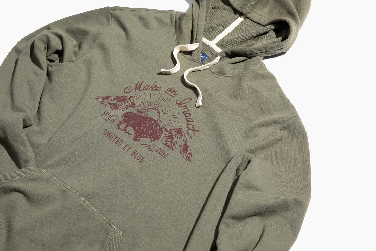 Dark Olive Bison Impact Hoodie (Detail): Olive pullover hoodie with maroon bison graphic print and cream drawstrings