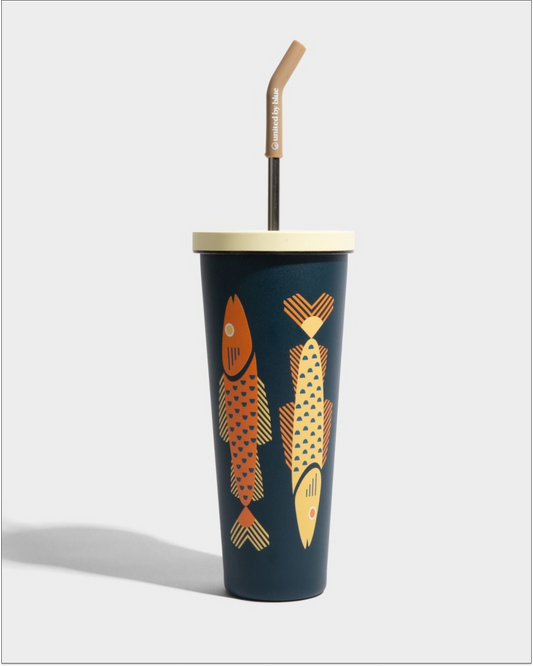 Rainstorm - Fish 24 oz Insulated Steel Straw Tumbler (Angle): Navy tumbler with orange and yellow geometric fish illustrations, cream lid, straw