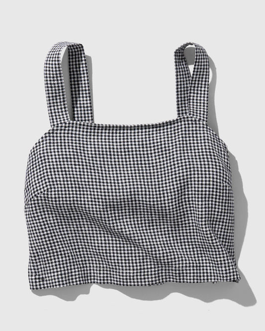 Black Linen Cropped Tank (Flat-lay): Black and white gingham check cropped tank with wide square straps