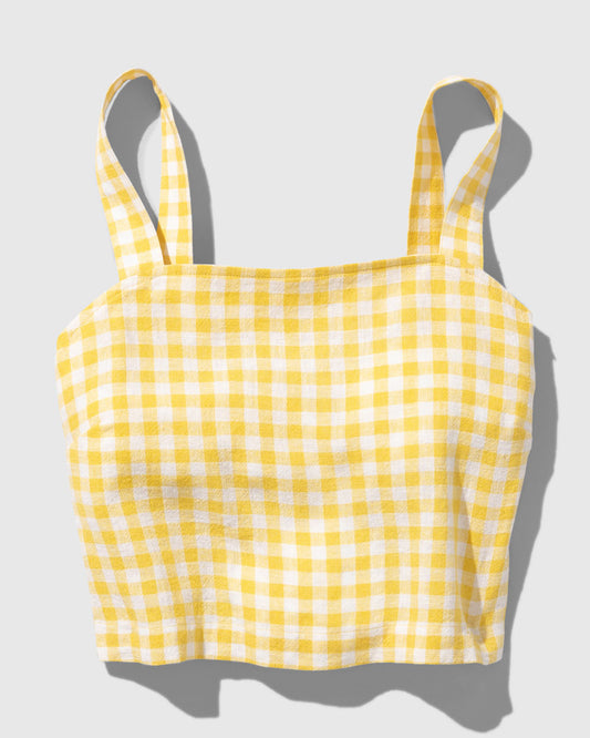 Cream Gold Linen Cropped Tank (Flat-lay): Yellow and white gingham cropped tank top with wide shoulder straps