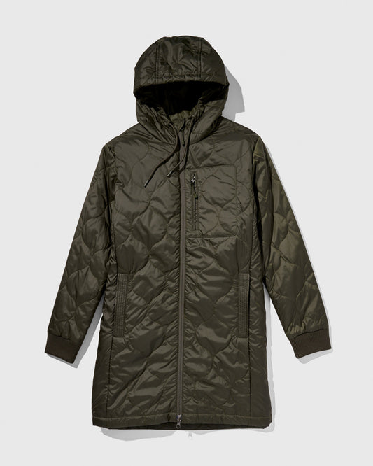 Forest Floor Bison Ultralight Long Liner Jacket (Flat-lay): Olive green quilted hooded jacket with front zip, chest and side pockets