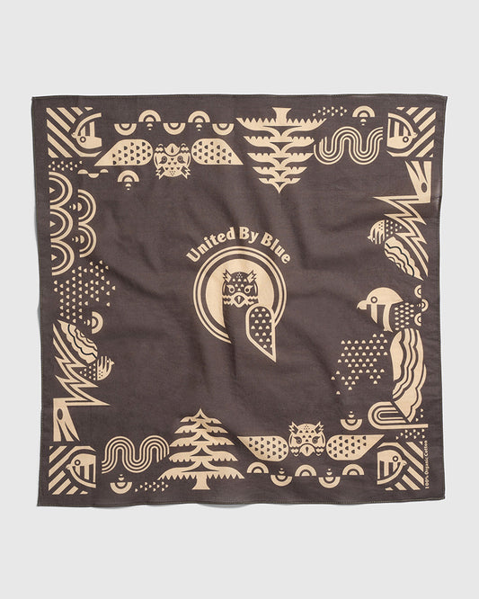 Dark Brown Organic Hoot Bandana (Flat-lay): Dark brown square bandana with tan owl and nature geometric border print