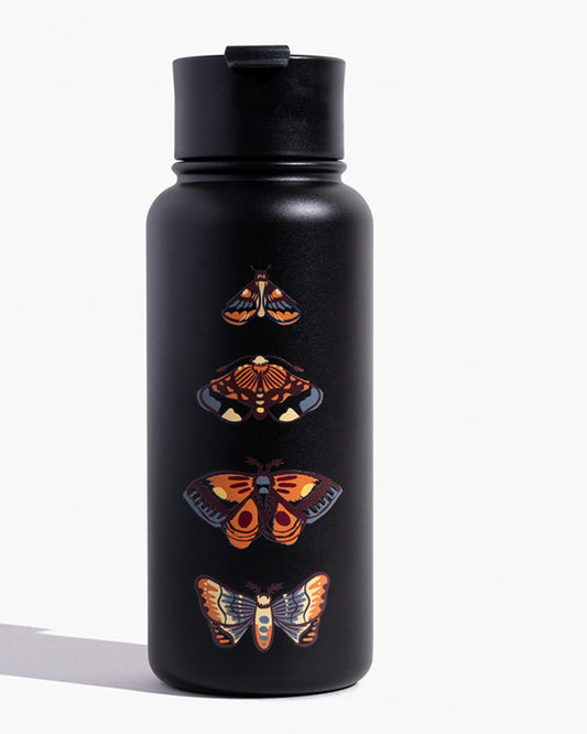 Ebony Insulated Steel Bottle 32 Oz. (Front): Matte black bottle with four illustrated moths printed vertically on body