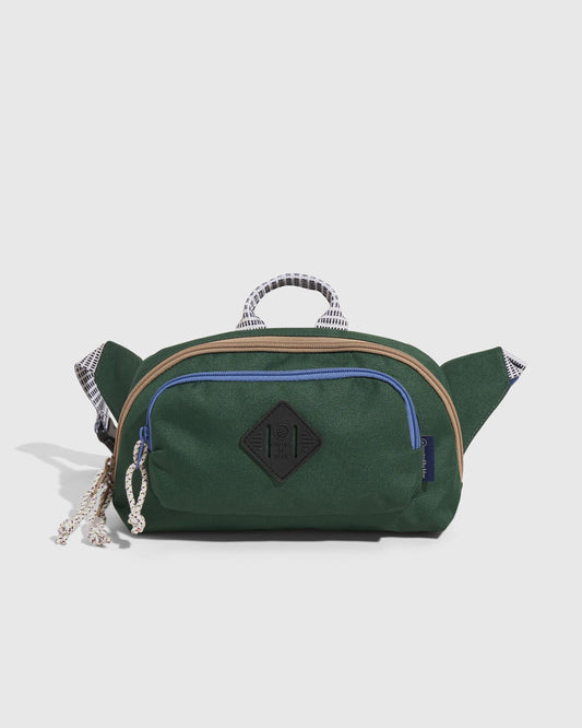 Pine (R)evolution™ 3L Utility Fanny Pack (Front): Forest green fanny pack with blue zipper, tan trim, and rope pull