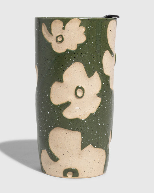 Forest Floor 10 oz. Insulated Stoneware Travel Mug (Angle): Cylindrical ceramic mug, olive green glaze with raised cream floral pattern, black lid