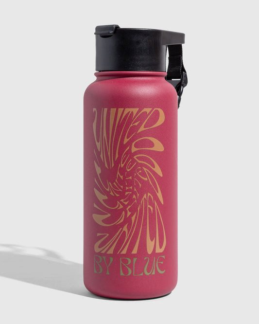 Beet Insulated Steel Bottle 32 Oz. (Angle): Dark red bottle with gold botanical graphic and 'United By Blue' text