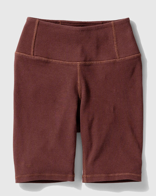Chocolate EcoKnit™ Ribbed Bike Short (Flat-lay): Dark brown ribbed bike shorts with wide waistband and side pockets
