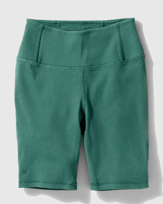 Jade EcoKnit™ Ribbed Bike Short (Flat-lay): Teal ribbed bike shorts with wide waistband and side pockets