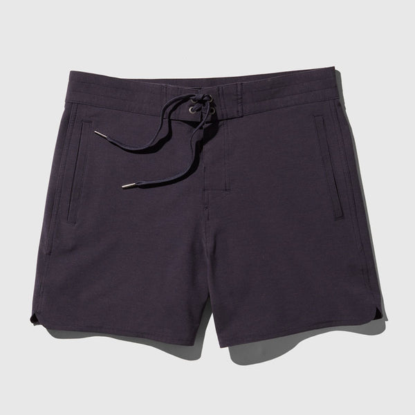 Night Sky The Responsible Board Short - 5" (Flat-lay): Dark navy board shorts with drawstring waist and side slash pockets