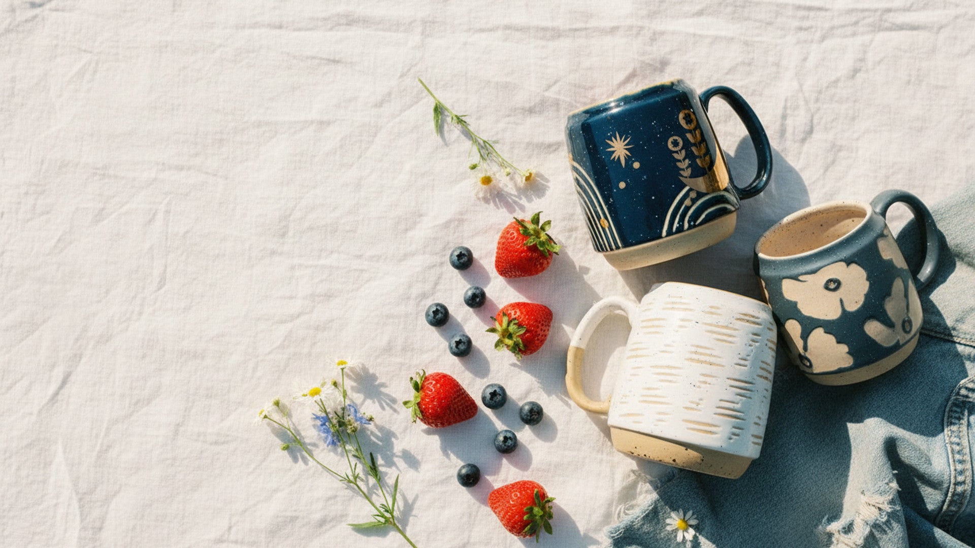Speckled stoneware mugs on white linen with strawberries, blueberries and wildflowers