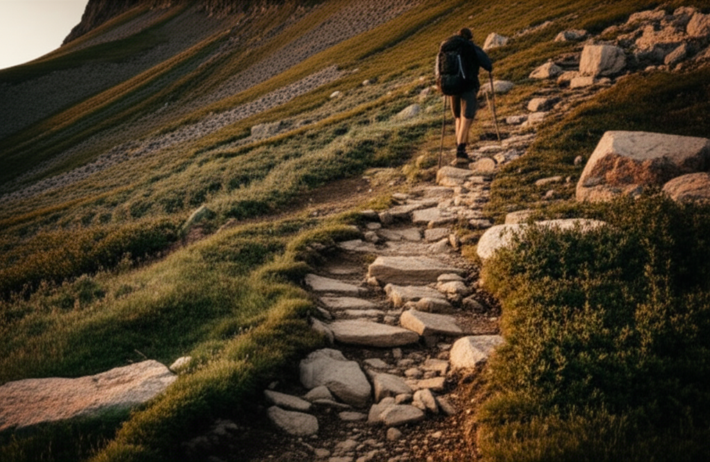 Mountain trail at golden hour with rocky switchbacks through alpine meadow