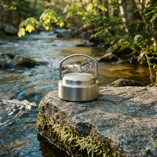 Stainless Steel Replacement Water Bottle Lid - Stainless Steel (Lifestyle): Brushed metal lid with loop handle resting on mossy rock beside stream