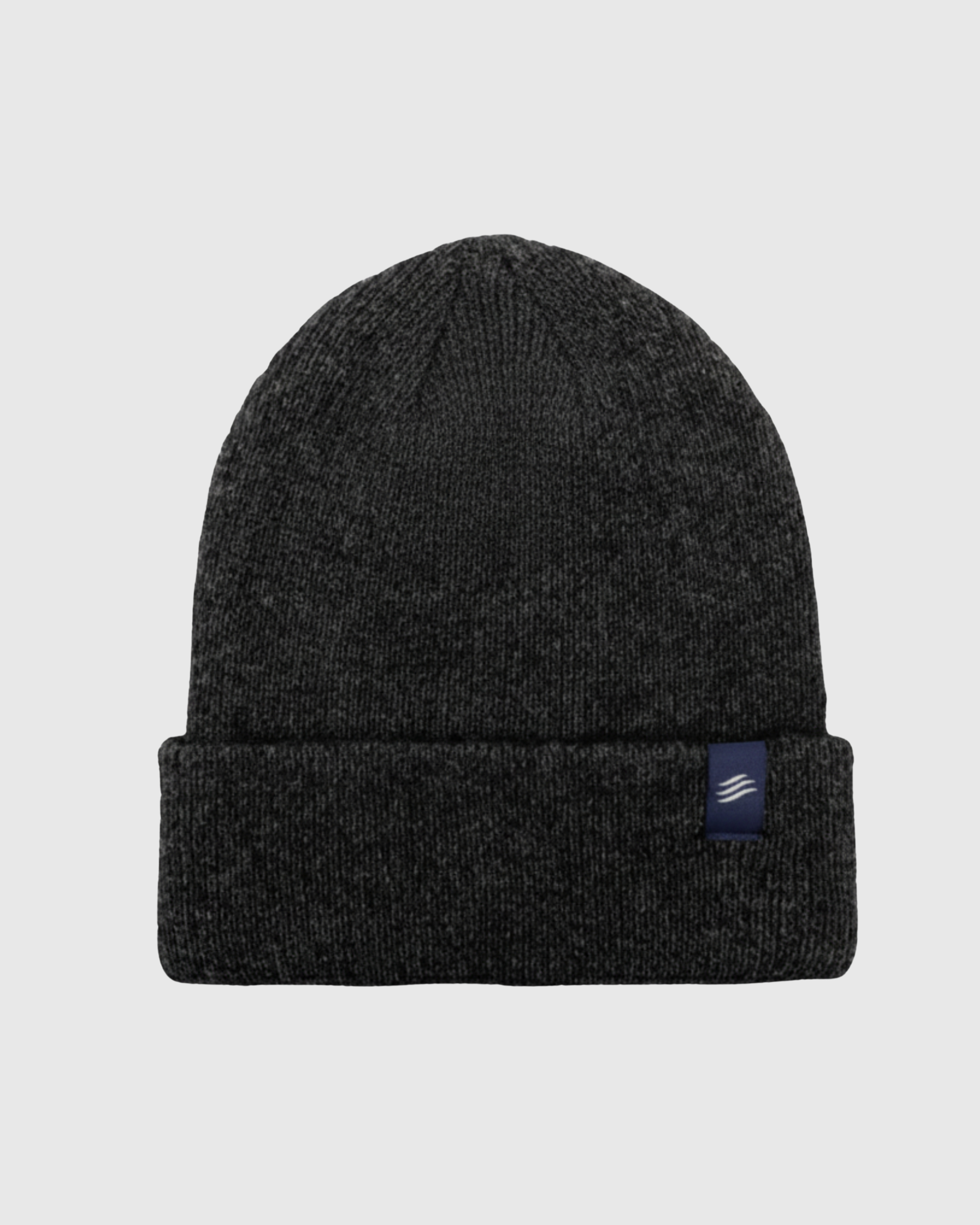 Heather Gray Classic Yak Beanie (Front): Dark charcoal knit beanie with folded cuff and small navy label