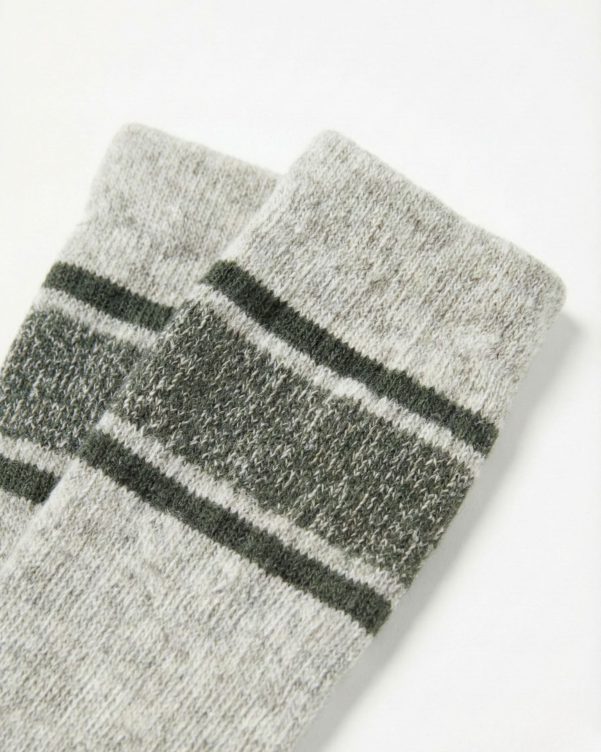 Wild Green Ultimate Bison Boot Sock - Imperfect Packaging (Detail): Close-up of light grey knit sock cuff with dark green horizontal stripes