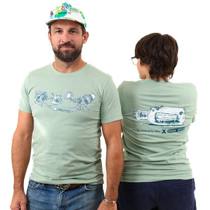 Heather Sage What We Save Graphic Tee - Slow Loris x United By Blue (In-use): Sage green tee, hermit crab front print, bottle message back graphic, two models