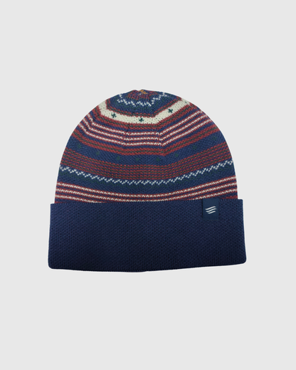 Navy Multi Merino Wool Modern Fair Isle Knit Beanie (Front): Navy cuffed beanie with multicolor Fair Isle knit pattern on upper portion