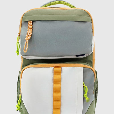Olive (R)evolution™ 25L Transit Pack (Front): Olive, gray, and white backpack with orange straps and neon green zipper pulls