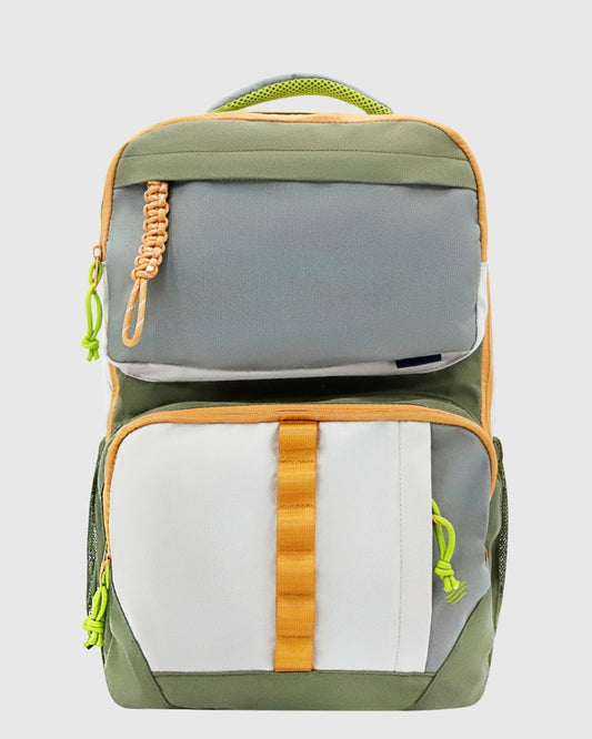 Olive (R)evolution™ 25L Transit Pack (Front): Olive, grey, and white backpack with orange straps and neon green zipper pulls
