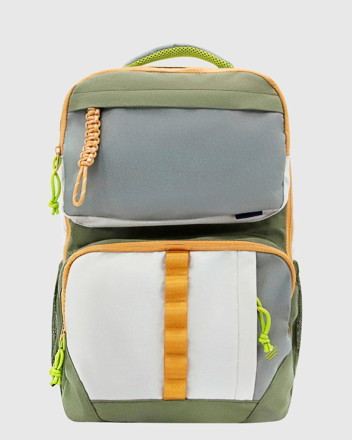 Olive (R)evolution™ 25L Transit Pack (Front): Olive, grey, and white backpack with orange straps and neon green zipper pulls