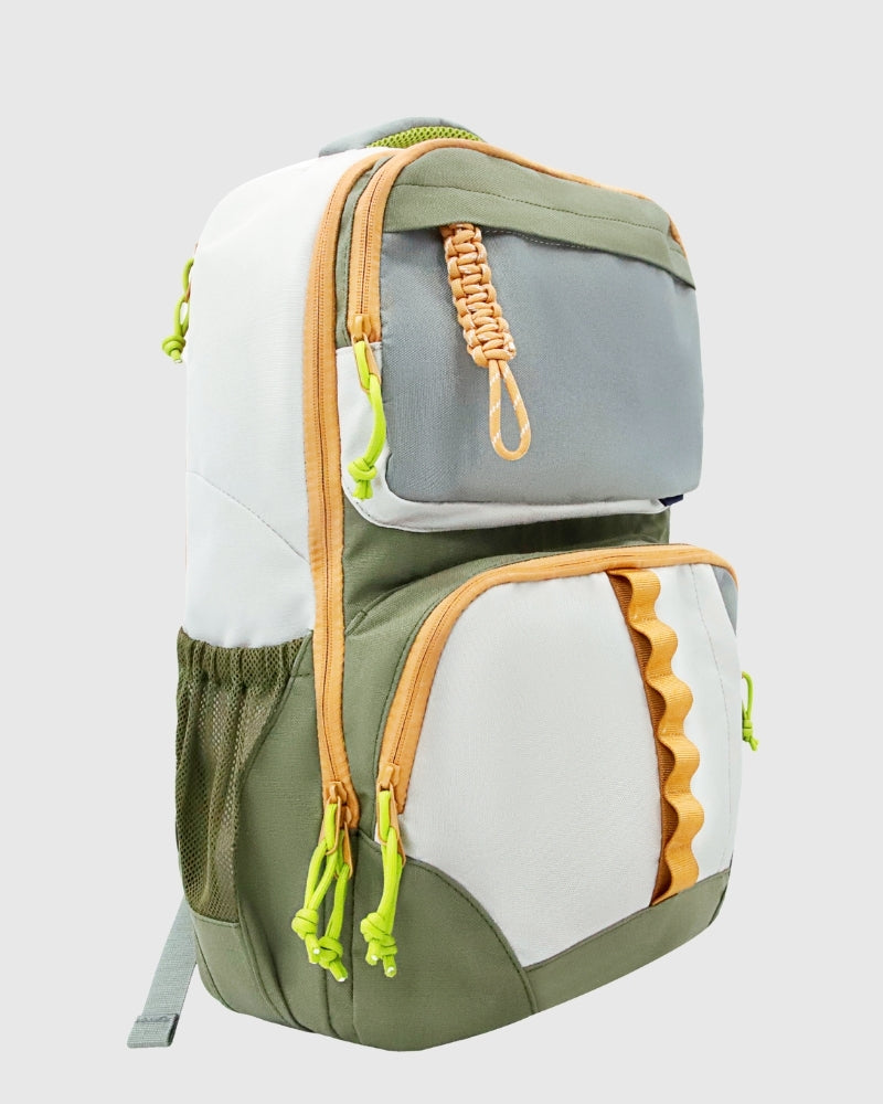 Olive (R)evolution™ 25L Transit Pack (Angle): Olive and gray backpack with orange zippers and neon green paracord pulls