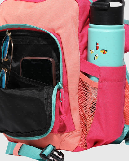 Pink (R)evolution™ 9L Sidekick (Detail): Open front pocket showing phone, sunglasses, and teal water bottle in side mesh pocket