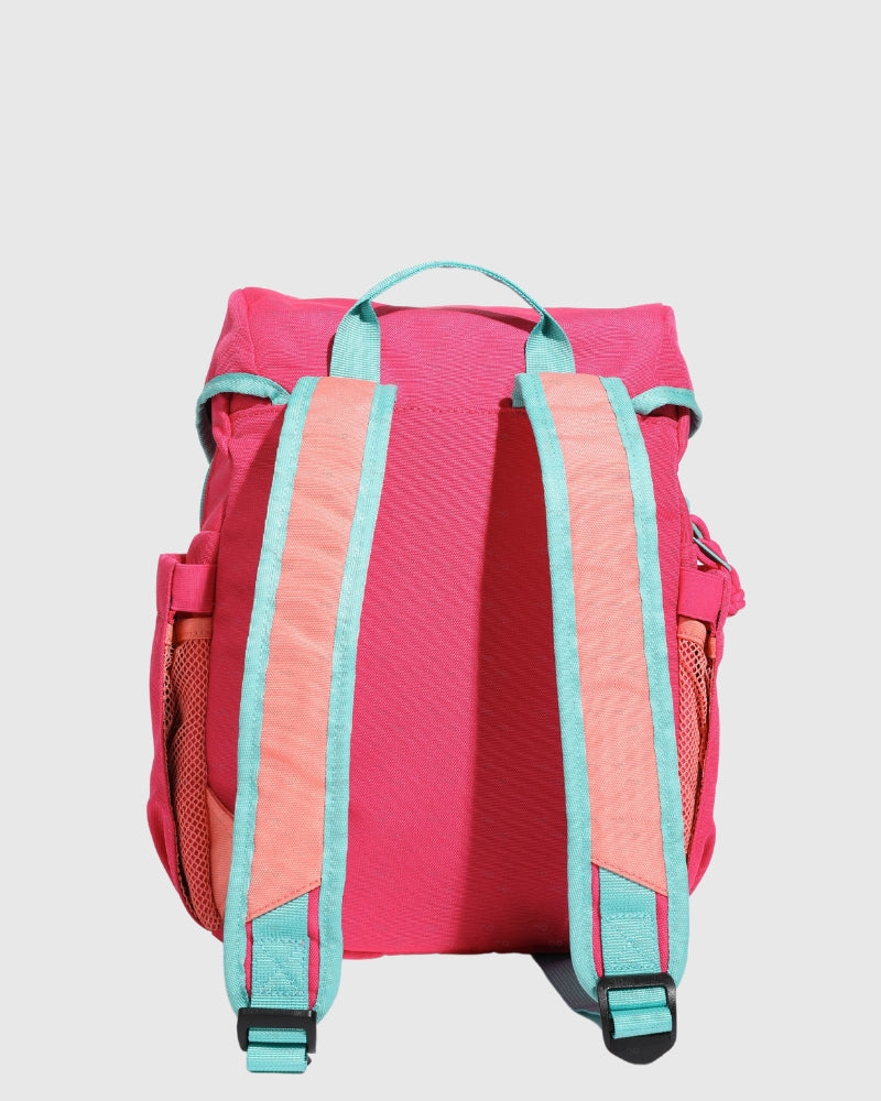 Pink (R)evolution™ 9L Sidekick (Back): Hot pink backpack back panel with teal and peach padded shoulder straps
