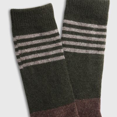 Brown Yak Wool - Ultimate Full Cushion Boot Sock (Detail): Dark olive green knit socks with grey horizontal stripes and brown toe section