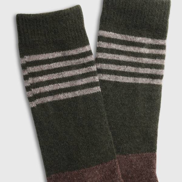 Brown Yak Wool - Ultimate Full Cushion Boot Sock (Detail): Dark olive green knit socks with grey horizontal stripes and brown toe section