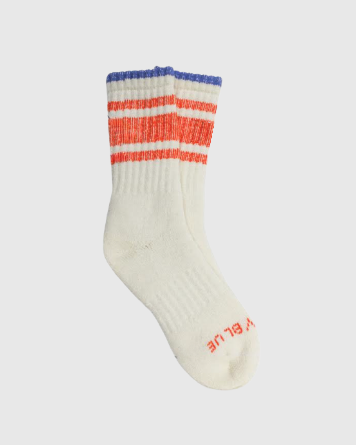 Off White The Hemp Yarn Varsity Hiker Full Cushion Boot Sock (Angle): Crew sock with red stripes, blue cuff, and brand text on sole
