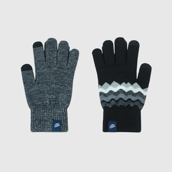 Black THE MERINO WOOL MOUNTAIN AND MARLED KNIT GLOVE 2 PACK (Flat-lay): Two knit gloves: heathered gray and black with zigzag stripe pattern