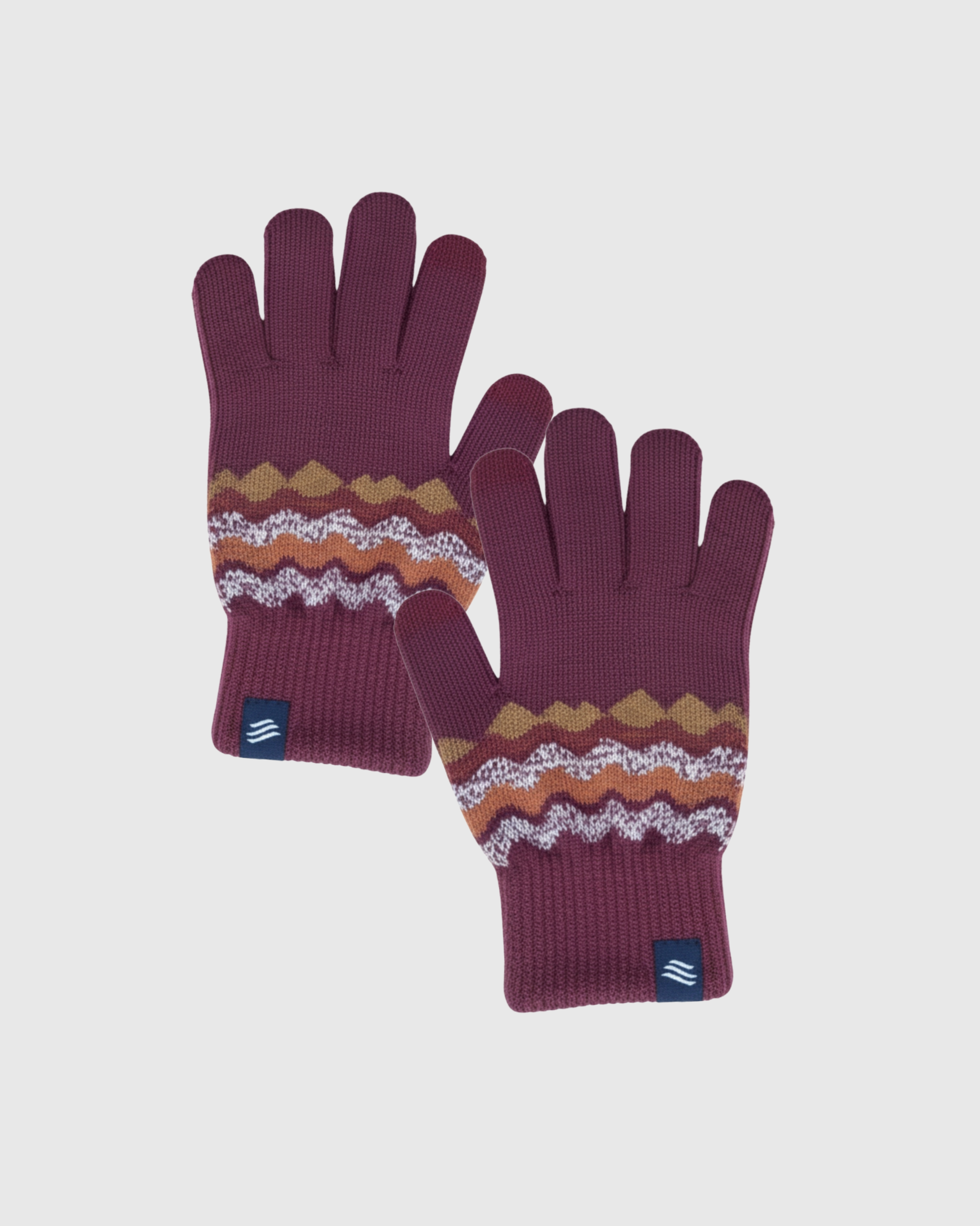 Burgundy THE MERINO WOOL MOUNTAIN AND MARLED KNIT GLOVE 2 PACK (Angle): Pair of burgundy knit gloves with zigzag mountain and marled stripe pattern