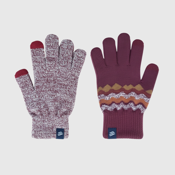Burgundy THE MERINO WOOL MOUNTAIN AND MARLED KNIT GLOVE 2 PACK (Flat-lay): Two burgundy knit gloves showing marled and fair isle patterned designs side by side