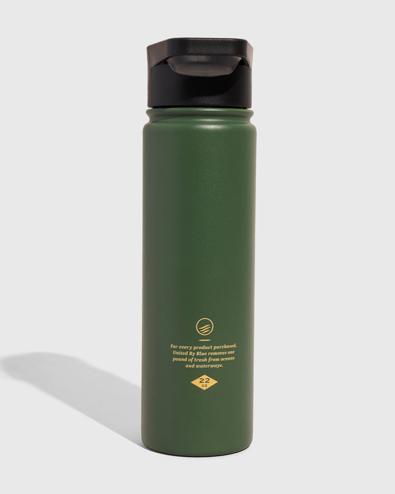 Pine - Fish Bottle - 22 Oz. Insulated Stainless Steel (Back): Dark green insulated bottle with black flip-top lid and gold text