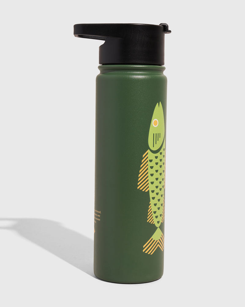 Pine - Fish Bottle - 22 Oz. Insulated Stainless Steel (Angle): Dark green bottle with geometric fish graphic in green and yellow