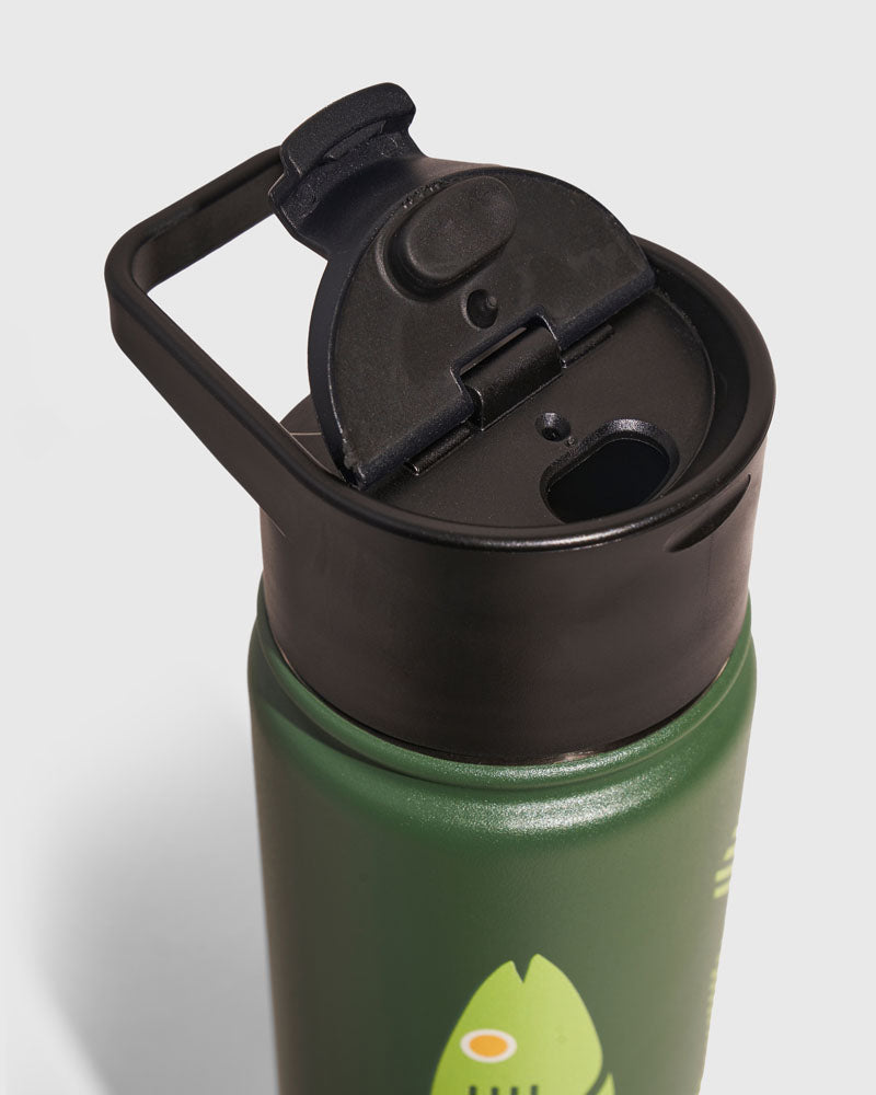 Pine - Fish Bottle - 22 Oz. Insulated Stainless Steel (Detail): Dark green bottle with avocado graphic, black flip-top lid open showing spout