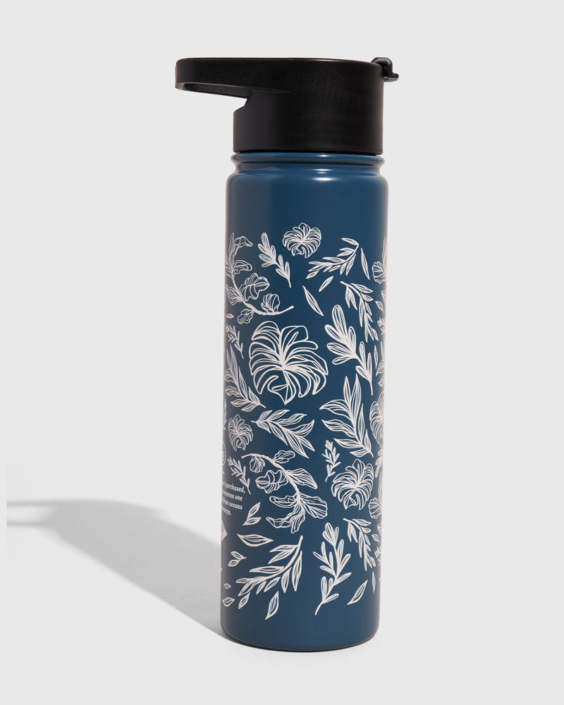 Rainstorm - Plants Bottle - 22 Oz. Insulated Stainless Steel (Angle): Dark blue steel bottle with white botanical leaf illustrations and black lid