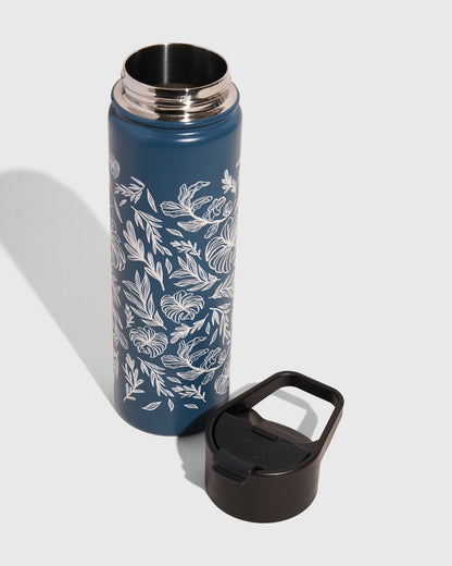 Rainstorm - Plants Bottle - 22 Oz. Insulated Stainless Steel (Angle): Open dark blue bottle with white botanical line-art pattern, black cap beside