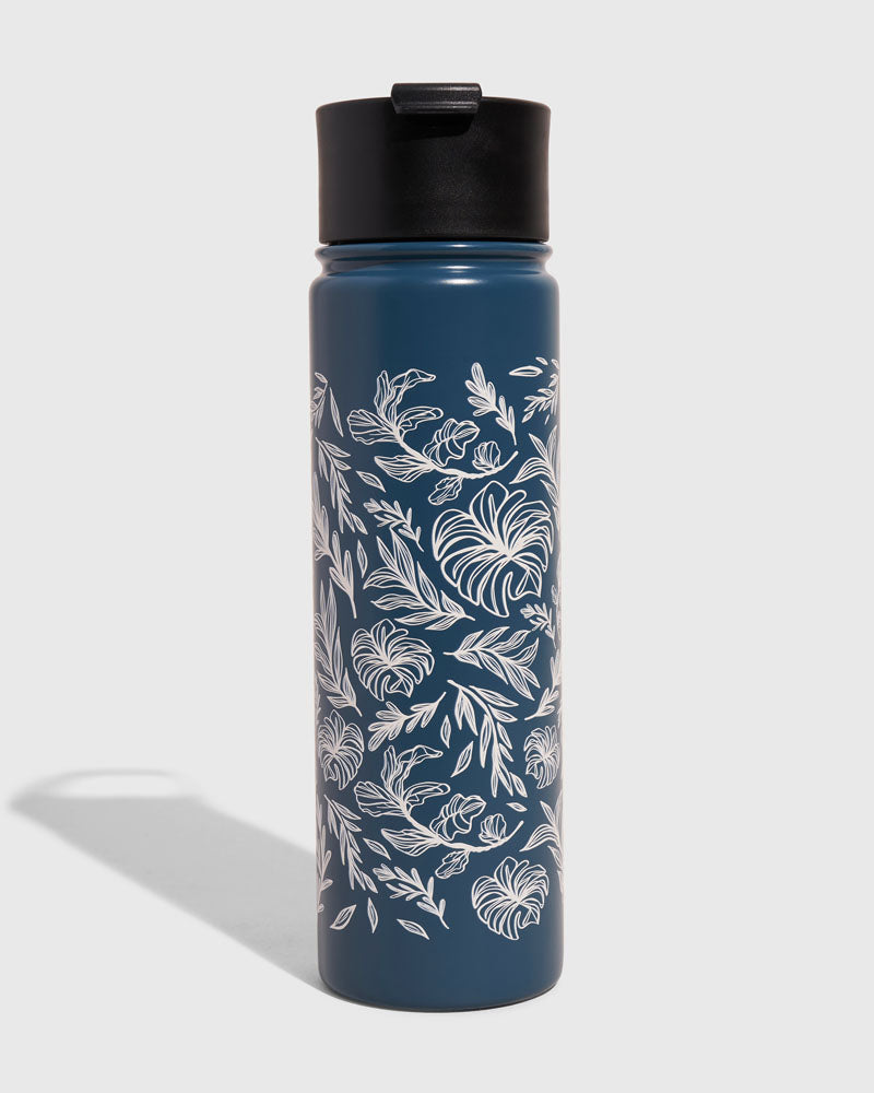 Rainstorm - Plants Bottle - 22 Oz. Insulated Stainless Steel (Front): Dark blue steel bottle with white tropical leaf pattern and black lid