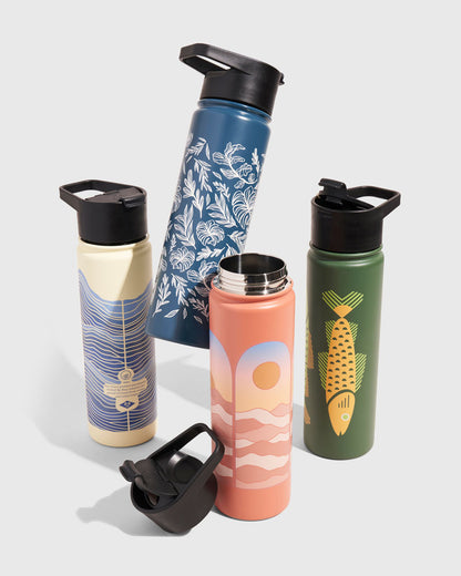 Bottle - 22 Oz. Insulated Stainless Steel (Angle): Five insulated bottles with varied printed designs and black flip-top lids