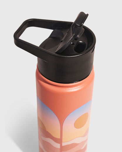 Sherbet - Sunrise Bottle - 22 Oz. Insulated Stainless Steel (Detail): Close-up of coral bottle with sunset scene print and black flip-top lid