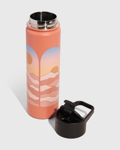 Sherbet - Sunrise Bottle - 22 Oz. Insulated Stainless Steel (Angle): Open coral bottle with sunset landscape graphic, black carry cap beside it