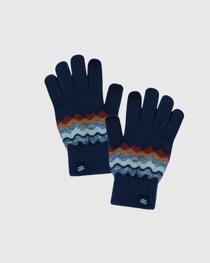 Navy THE MERINO WOOL MOUNTAIN AND MARLED KNIT GLOVE 2 PACK (Flat-lay): Pair of navy knit gloves with zigzag wave pattern in red, tan, and light blue