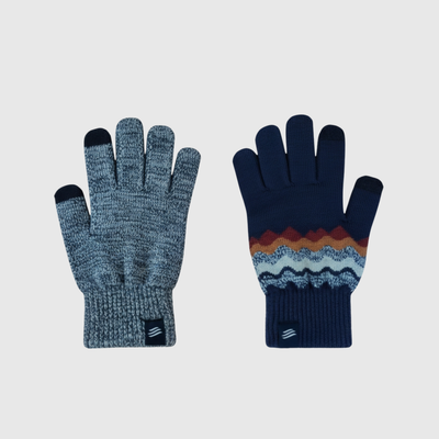 Navy THE MERINO WOOL MOUNTAIN AND MARLED KNIT GLOVE 2 PACK (Flat-lay): Two knit gloves: marled gray and navy with zigzag stripe pattern